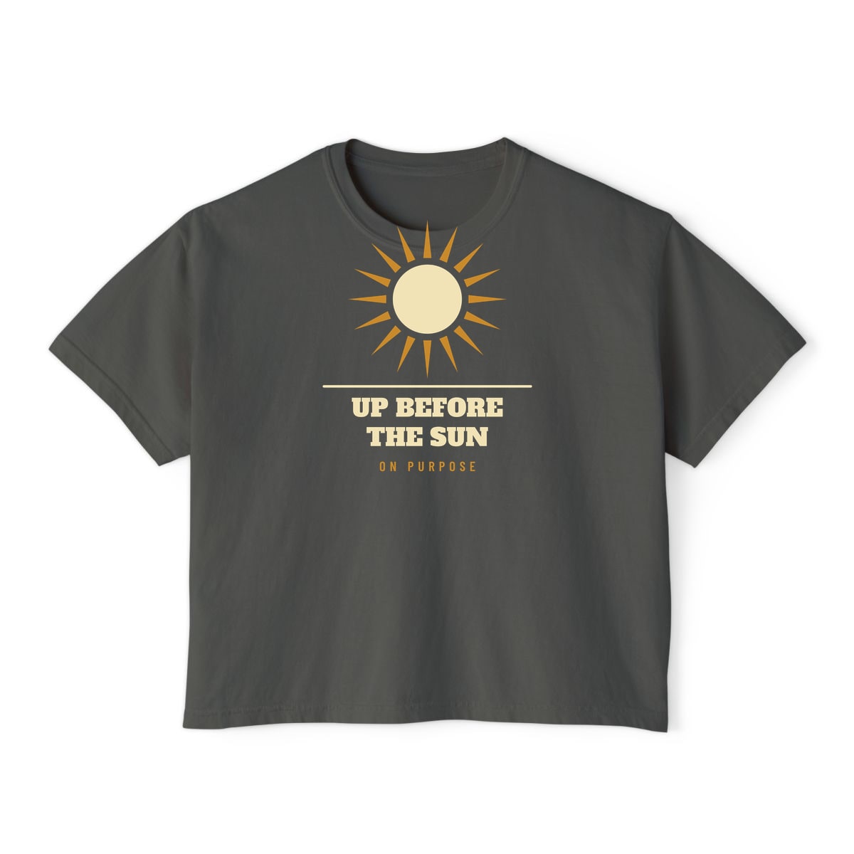 Up Before The Sun, printed on a boxy tee in Pepper