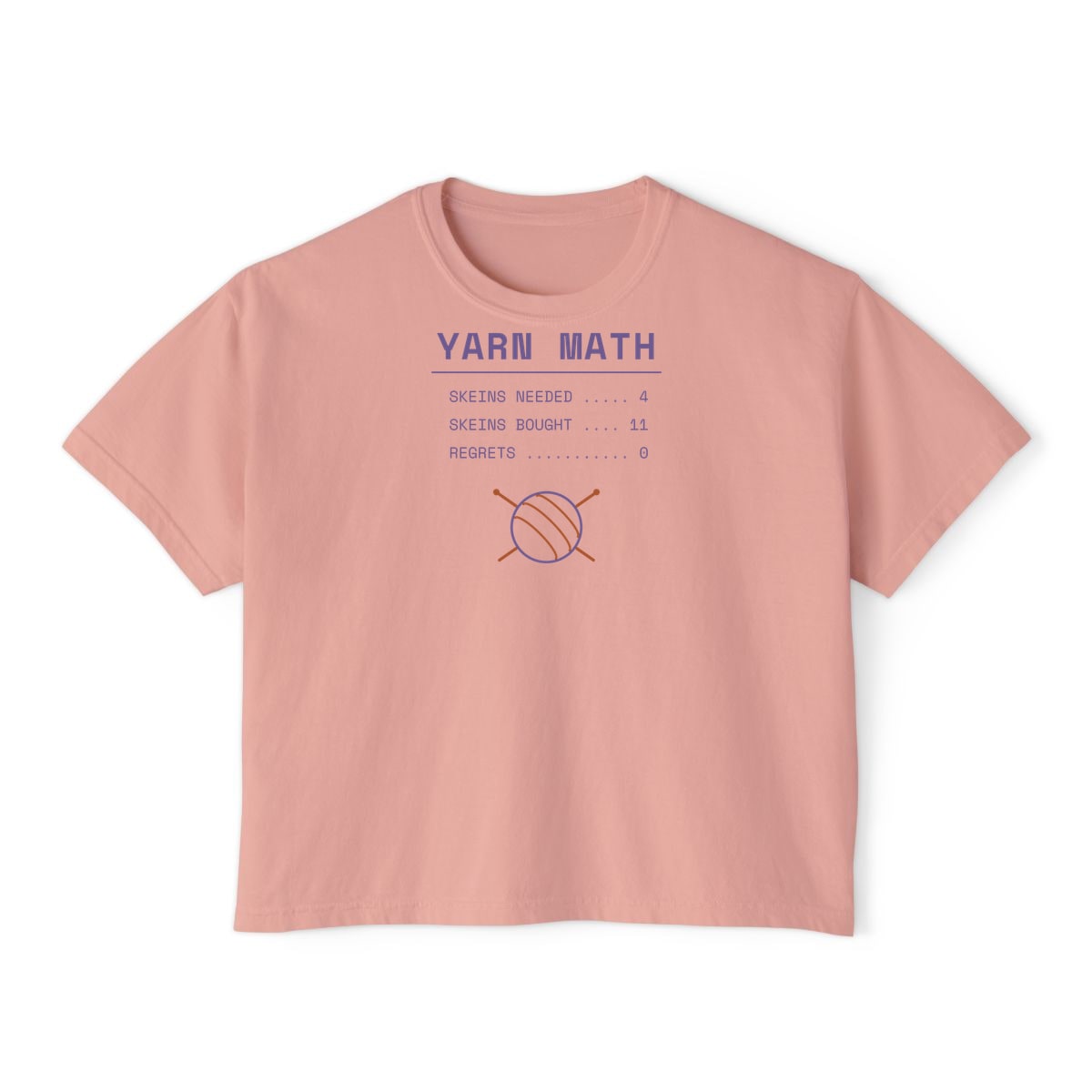 Yarn Math, printed on a boxy tee in Peachy