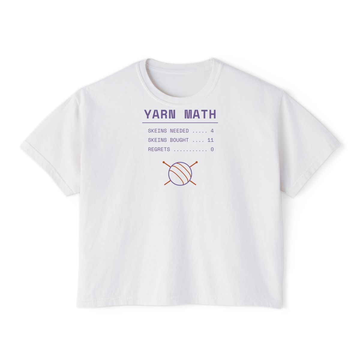 Yarn Math, printed on a boxy tee in White