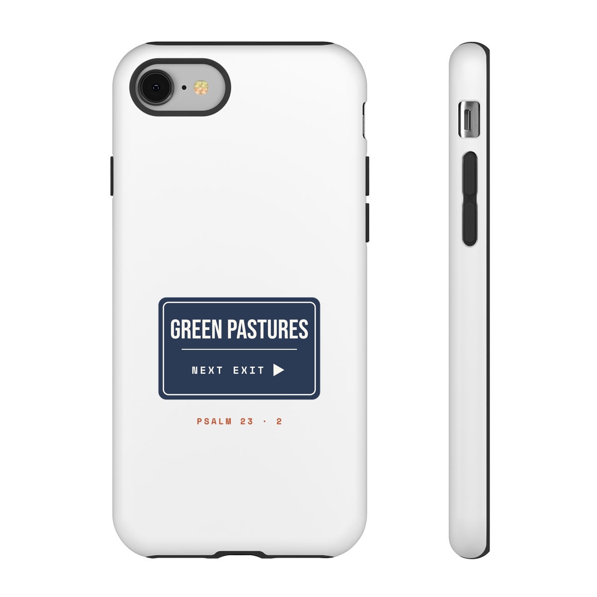 Green Pastures, Next Exit, printed on a phone case in White