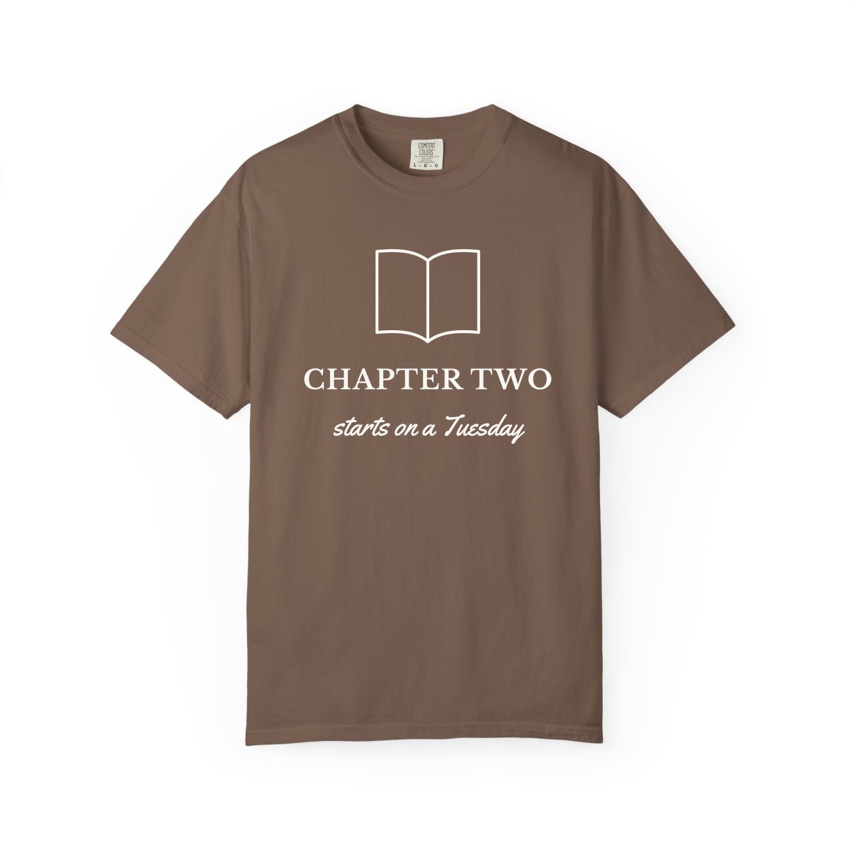 Chapter Two, printed on a Comfort Colors garment-dyed t-shirt in Espresso