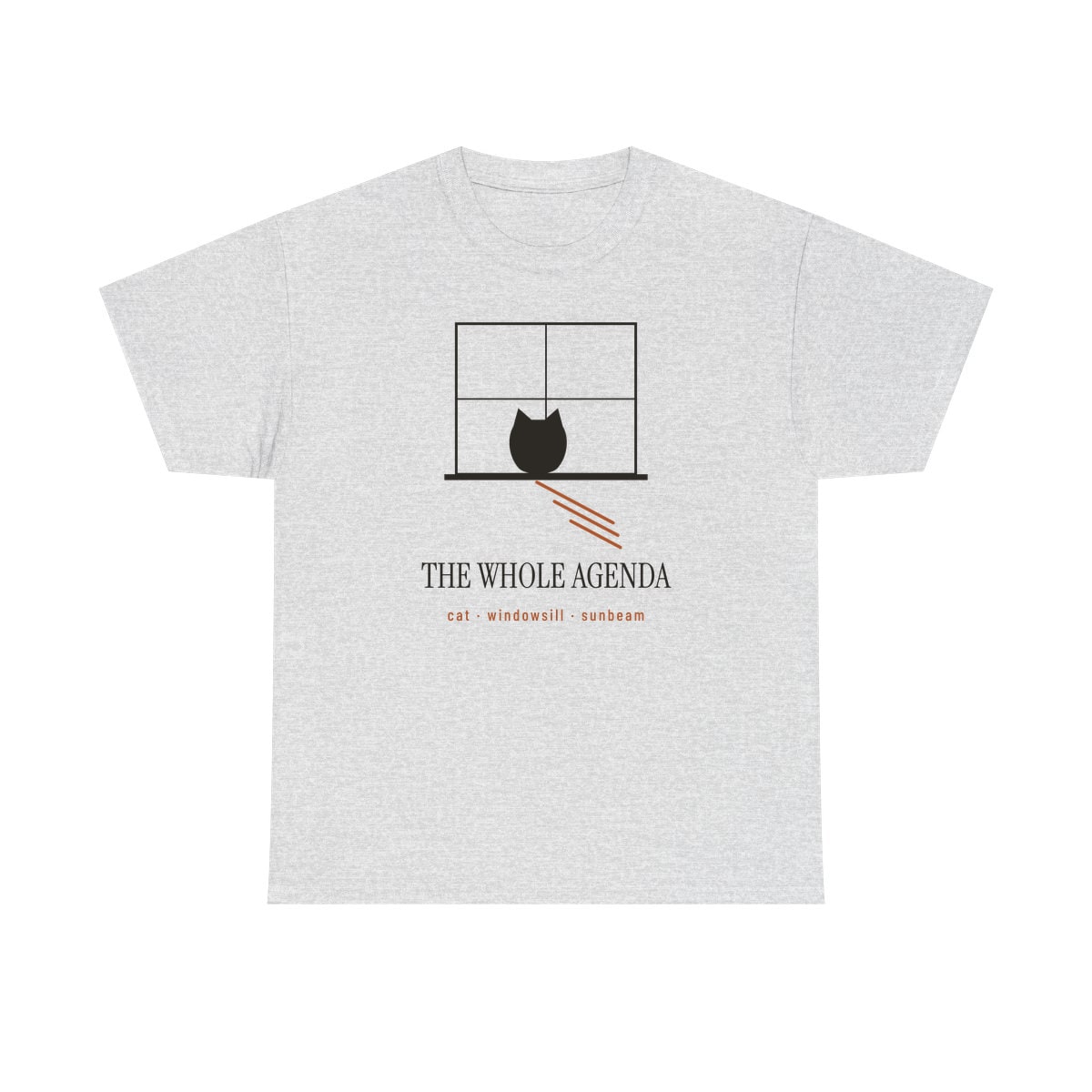 Cat, Windowsill, Sunbeam, printed on a heavy cotton tee in Ash