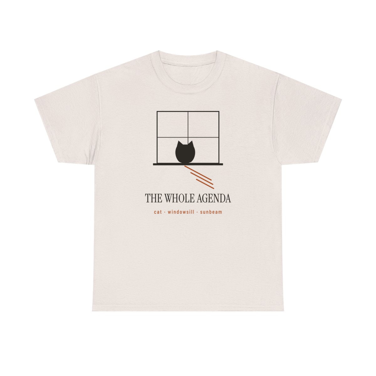 Cat, Windowsill, Sunbeam, printed on a heavy cotton tee in Ice Grey