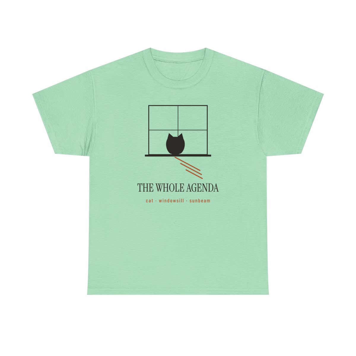 Cat, Windowsill, Sunbeam, printed on a heavy cotton tee in Mint Green