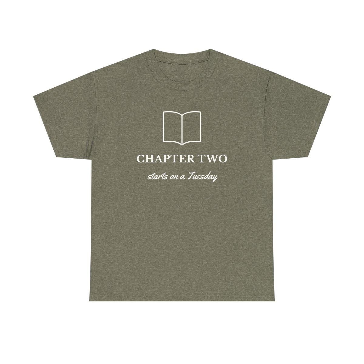 Chapter Two, printed on a heavy cotton tee in Heather Military Green