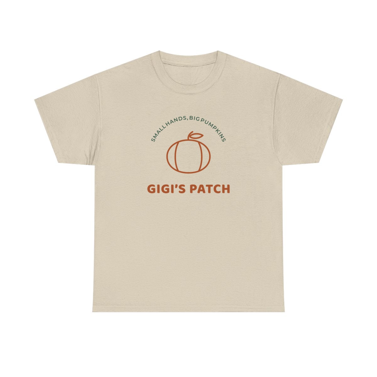 Gigi’s Pumpkin Patch, printed on a heavy cotton tee in Sand