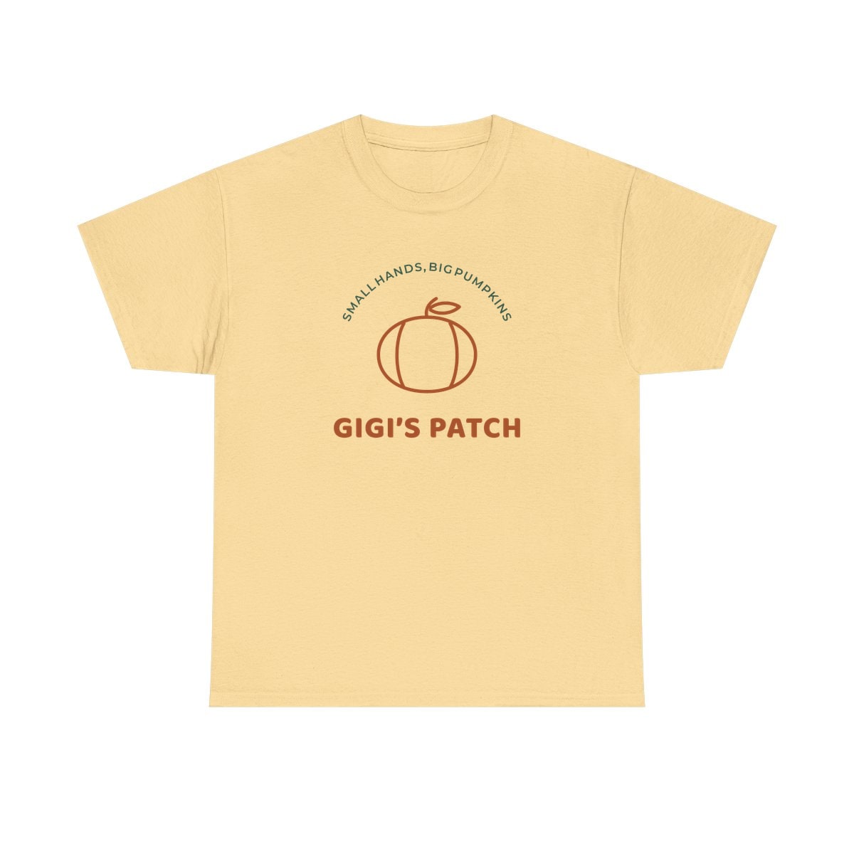 Gigi’s Pumpkin Patch, printed on a heavy cotton tee in Yellow Haze