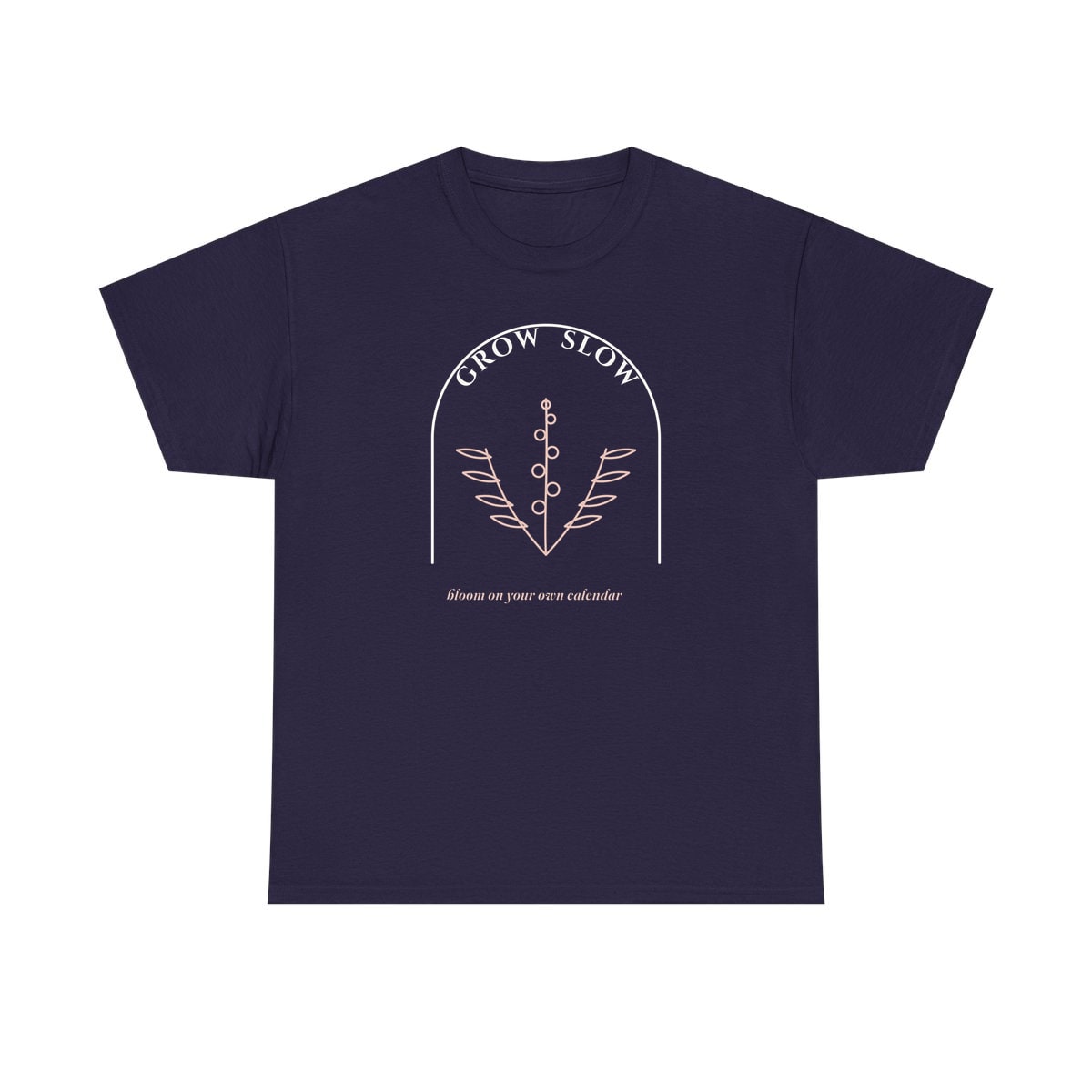 Grow Slow Arch, printed on a heavy cotton tee in Blackberry