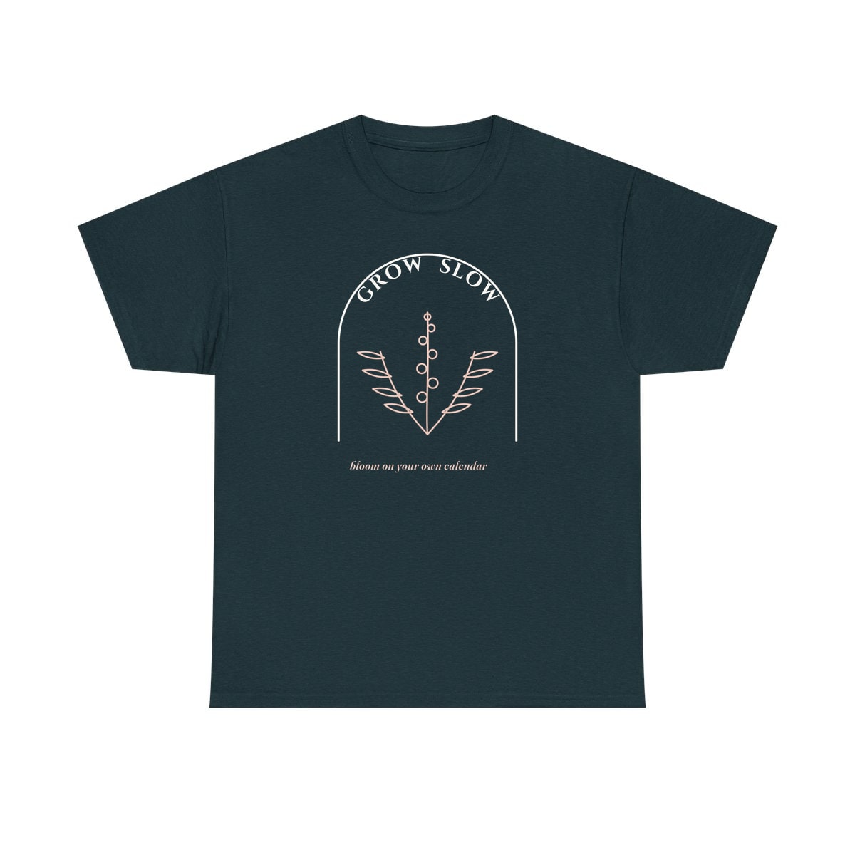 Grow Slow Arch, printed on a heavy cotton tee in Midnight