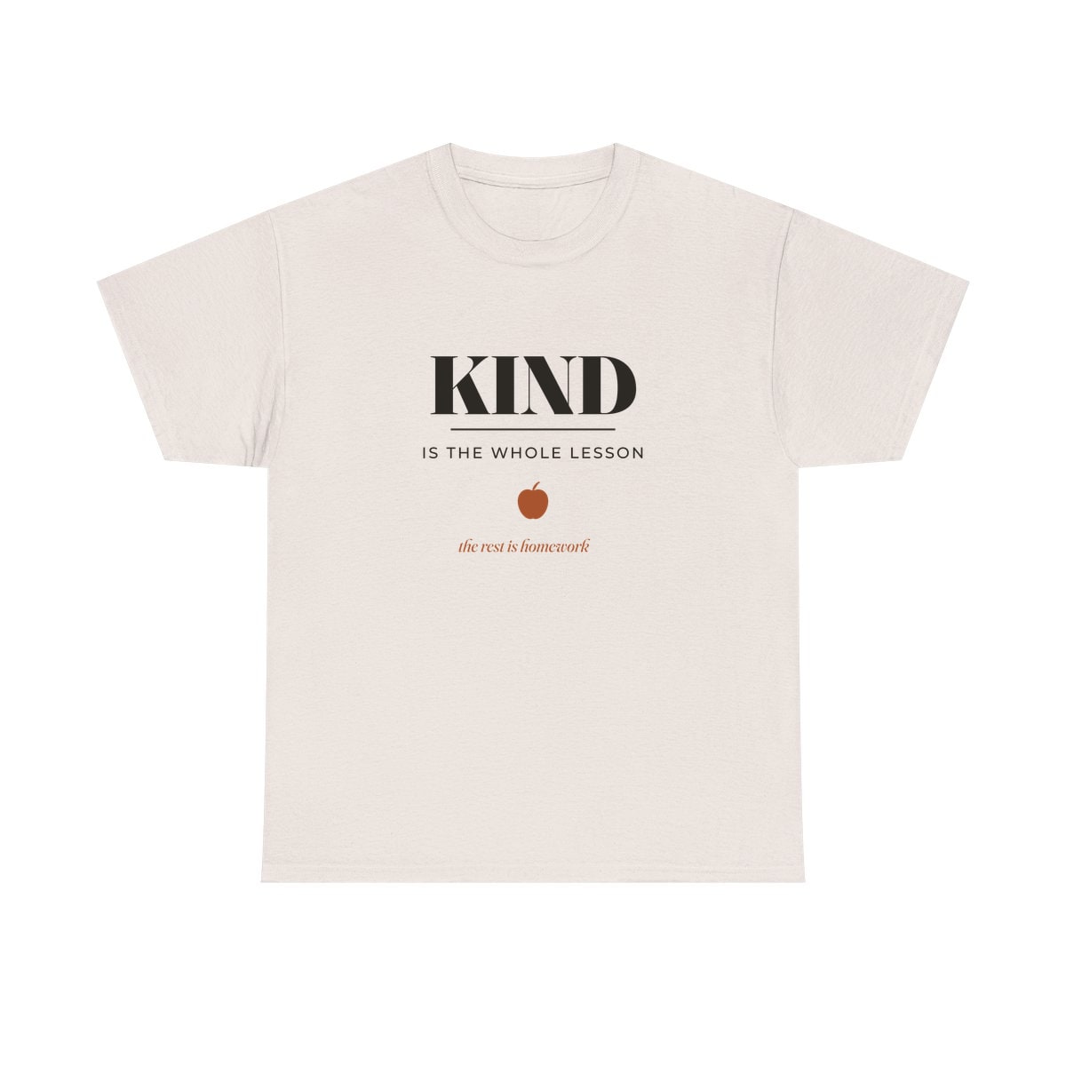 Kind Is The Whole Lesson, printed on a heavy cotton tee in Ice Grey
