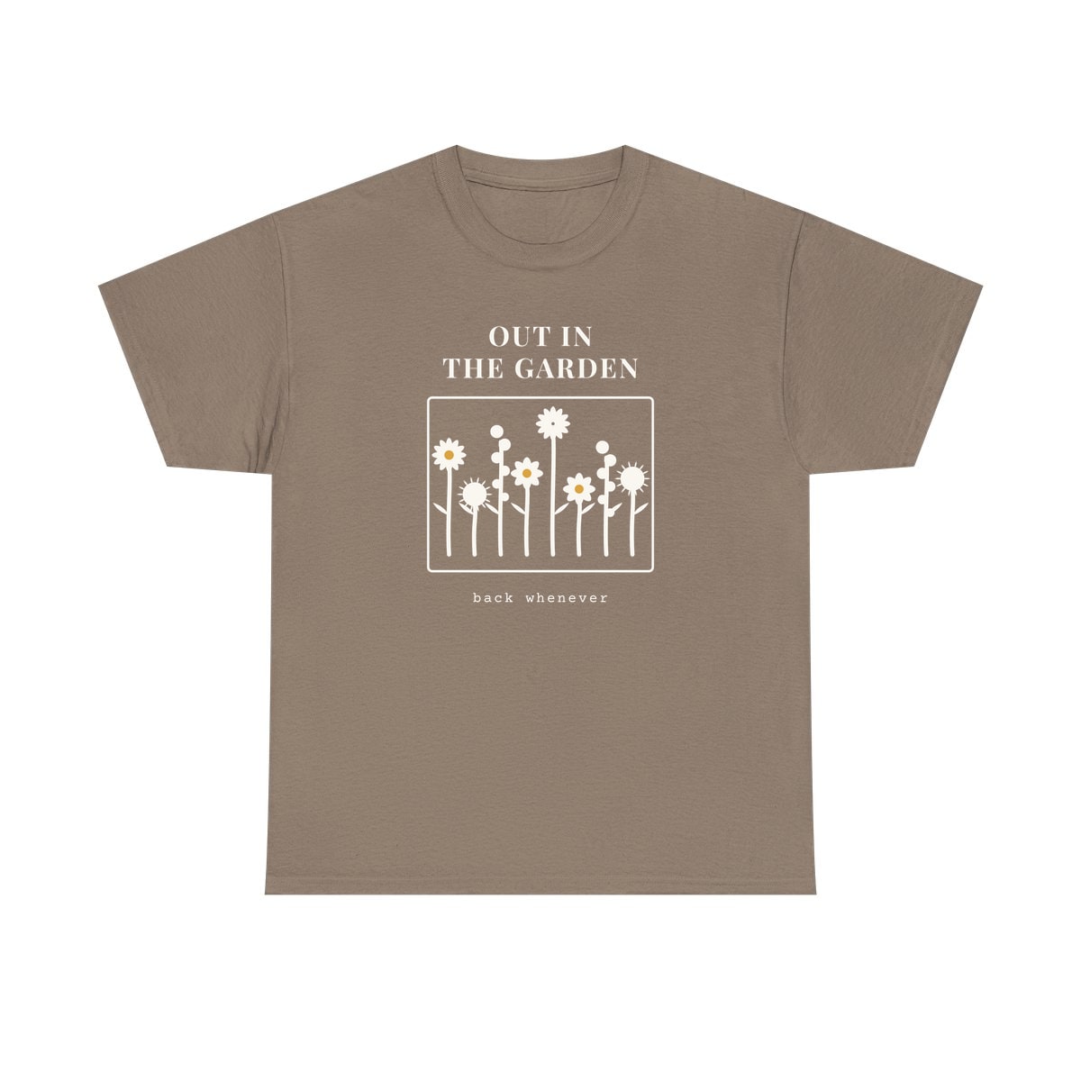 Out In The Garden, printed on a heavy cotton tee in Brown Savana