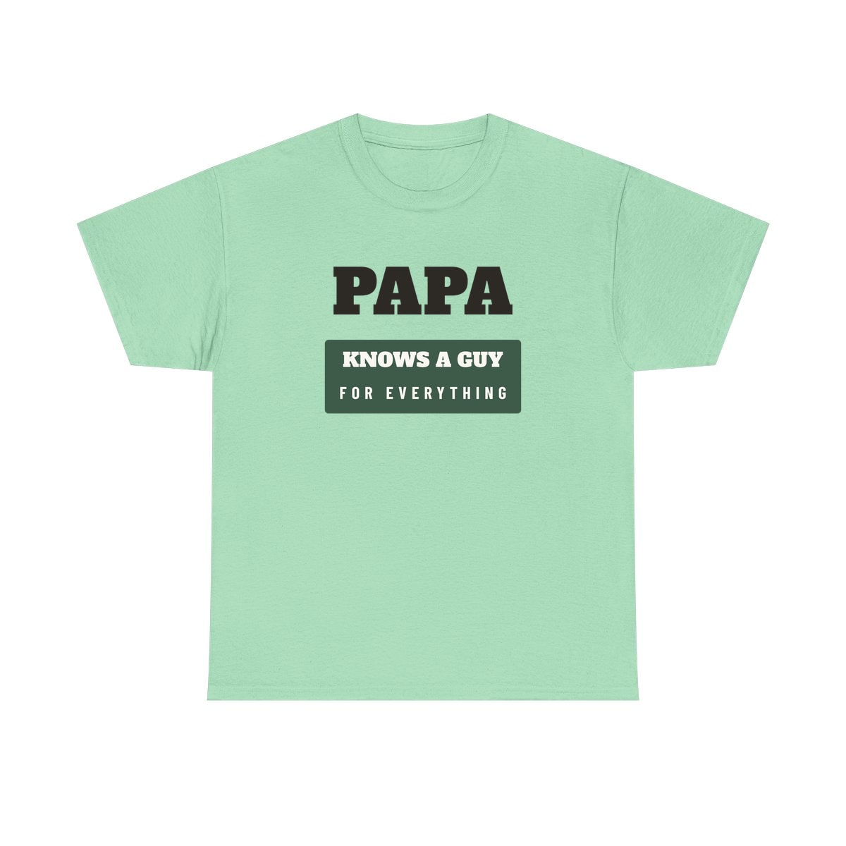 Papa Knows A Guy, printed on a heavy cotton tee in Mint Green