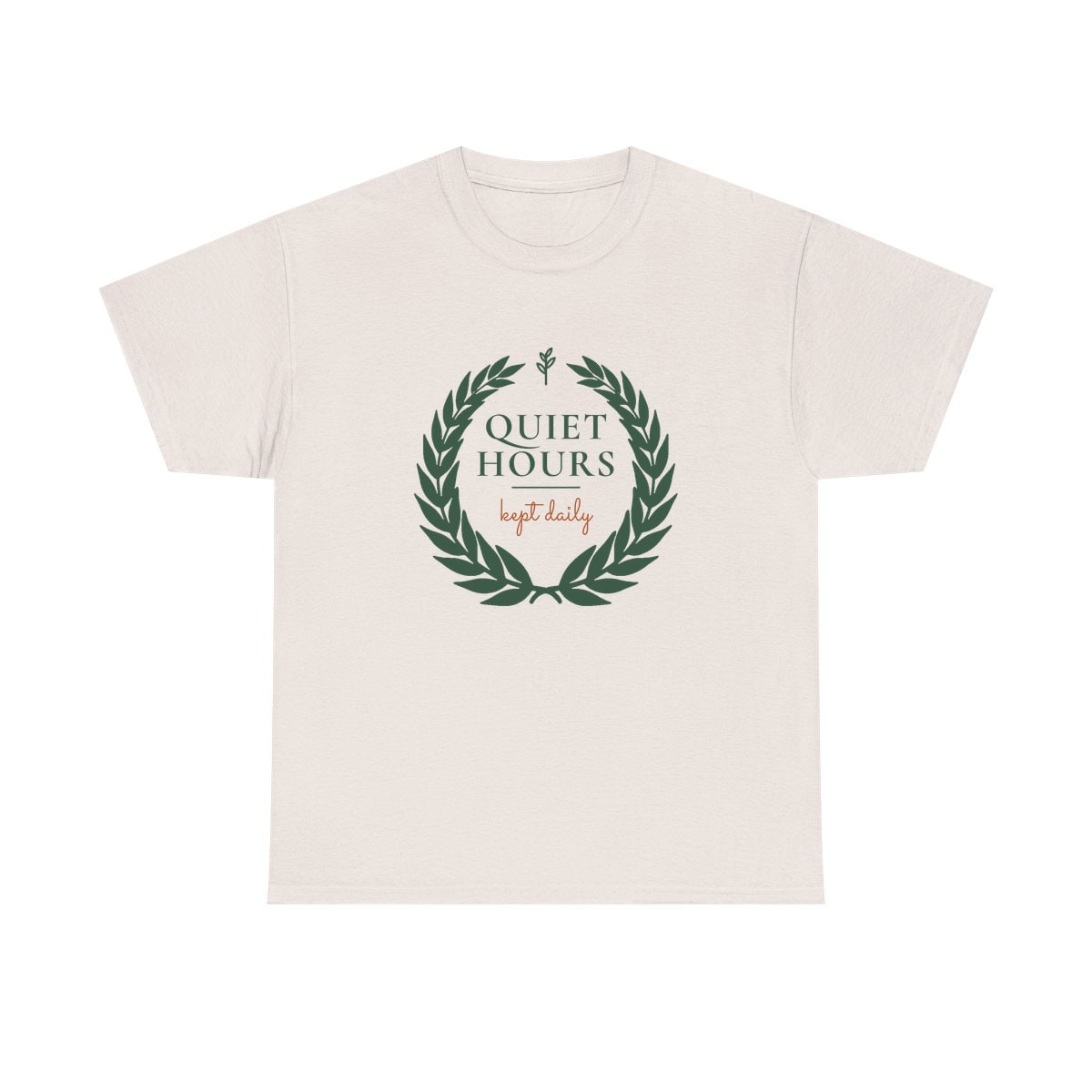 Quiet Hours, Kept Daily, printed on a heavy cotton tee in Ice Grey