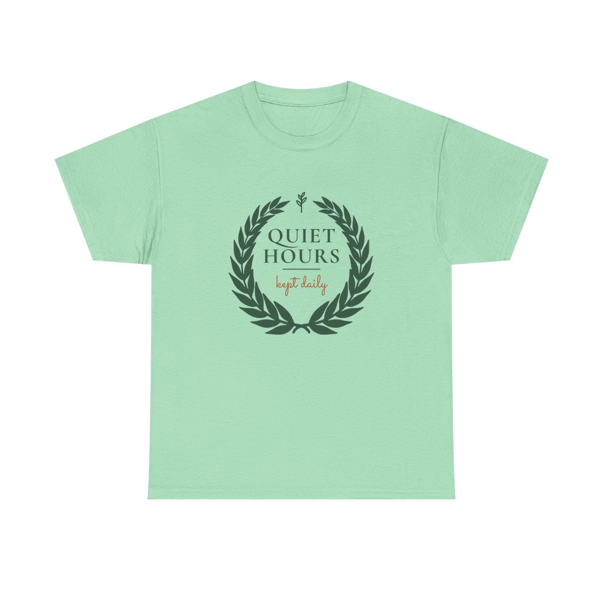 Quiet Hours, Kept Daily, printed on a heavy cotton tee in Mint Green