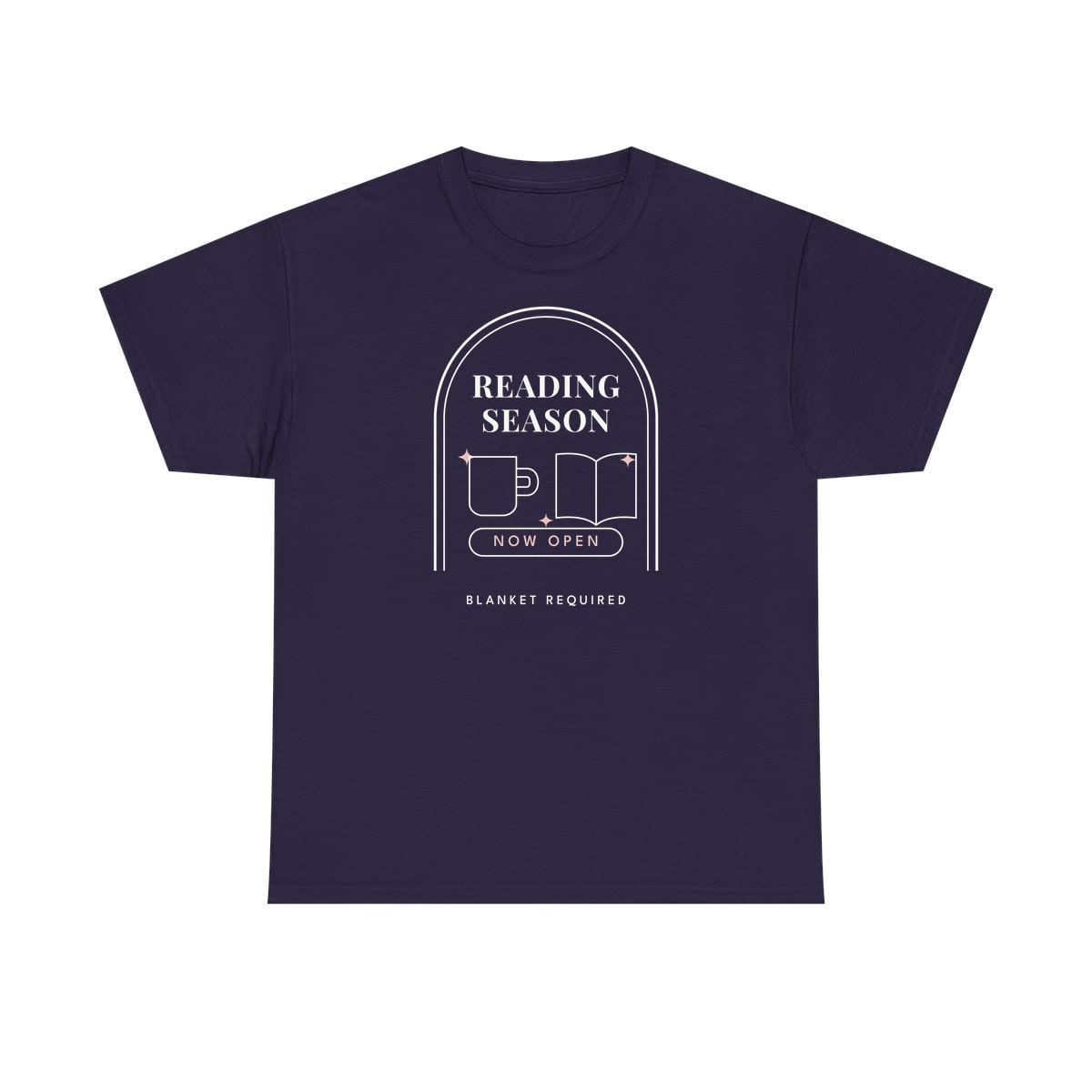Reading Season Now Open, printed on a heavy cotton tee in Blackberry