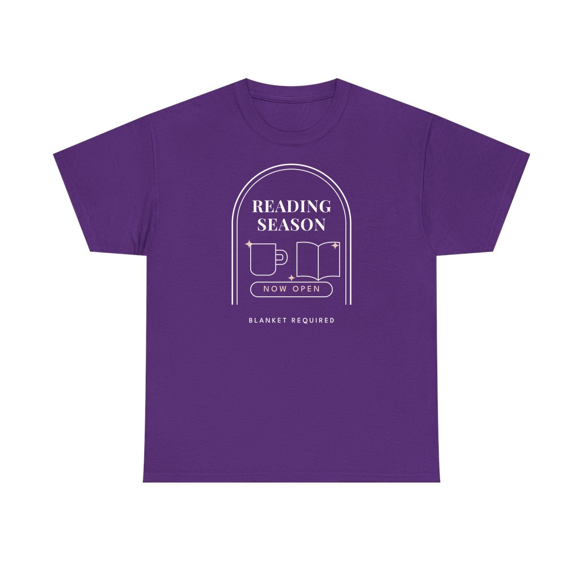 Reading Season Now Open, printed on a heavy cotton tee in Purple