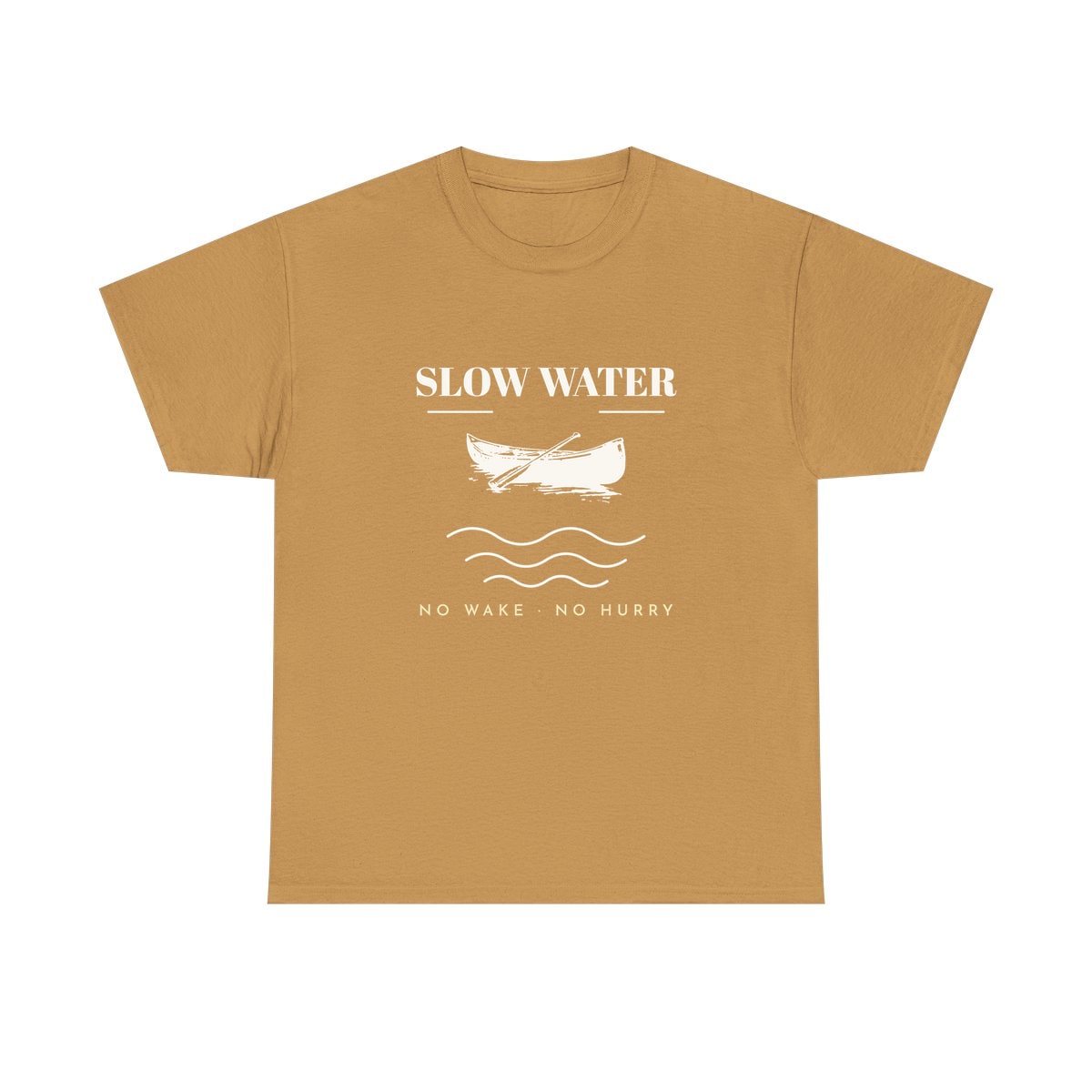 Slow Water, printed on a heavy cotton tee in Old Gold