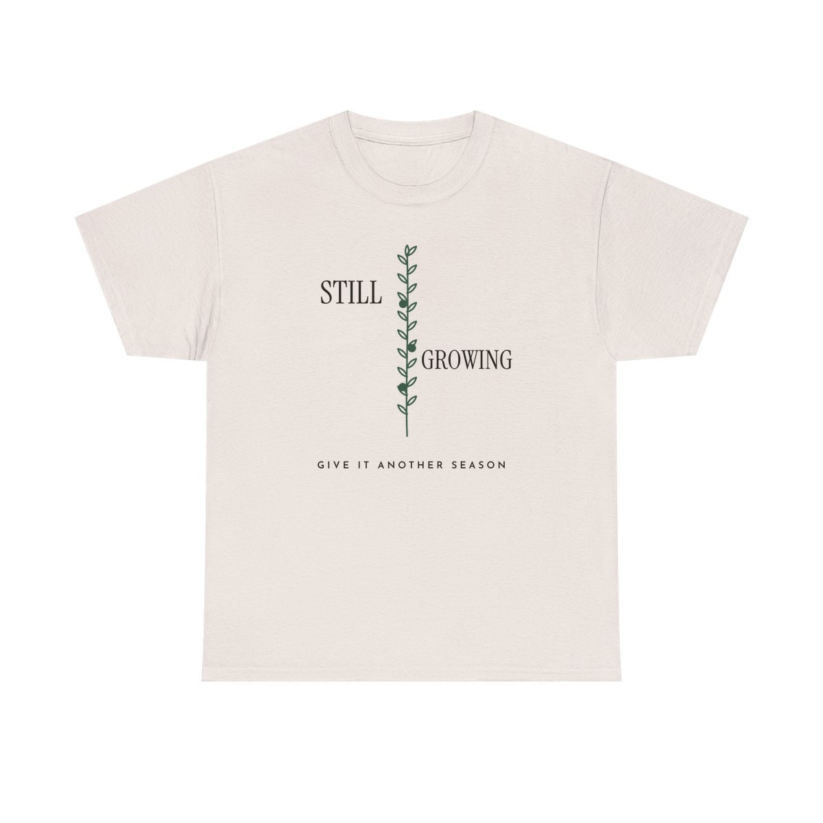 Still Growing Olive Branch, printed on a heavy cotton tee in Ice Grey