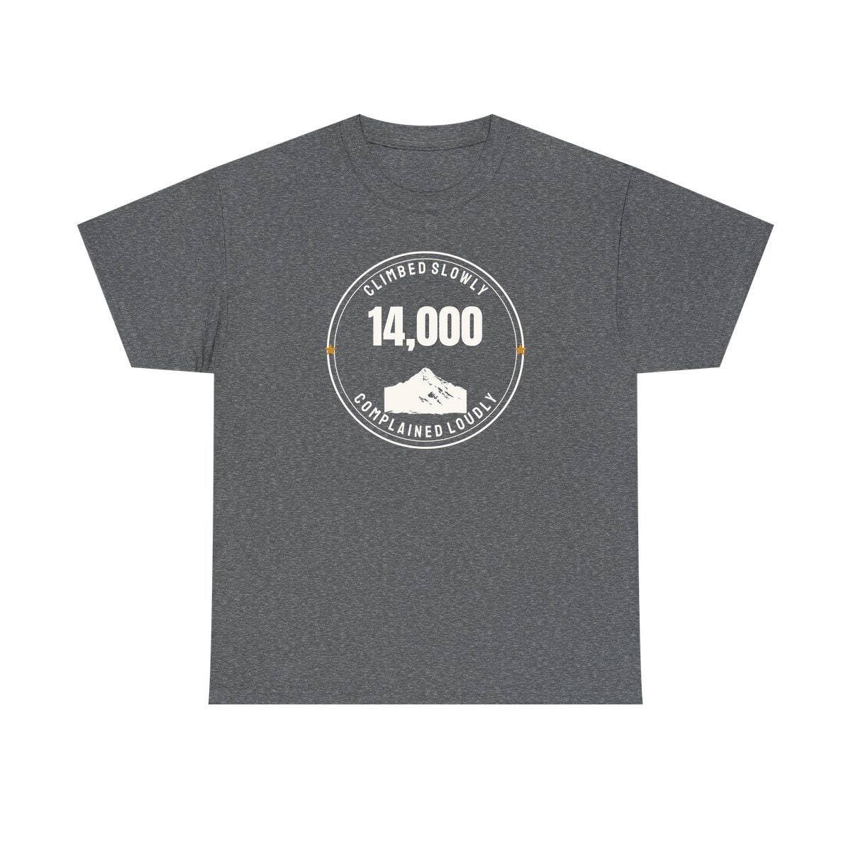 The Fourteener Club, printed on a heavy cotton tee in Graphite Heather