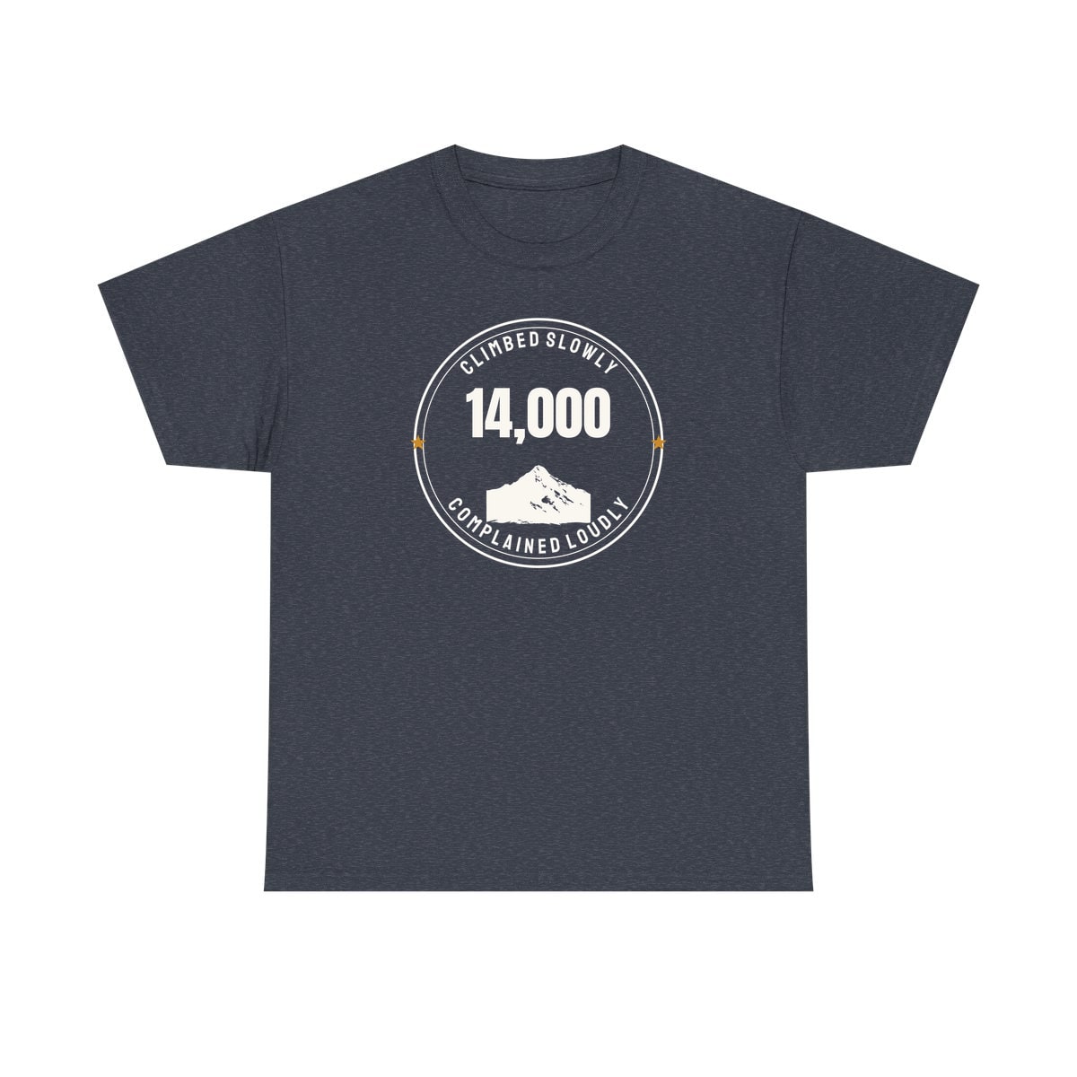 The Fourteener Club, printed on a heavy cotton tee in Heather Navy