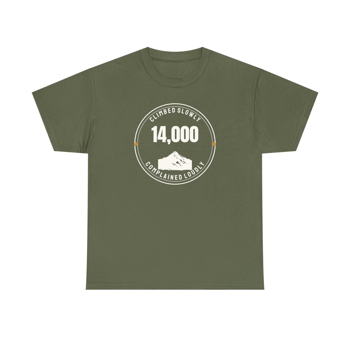 The Fourteener Club, printed on a heavy cotton tee in Military Green