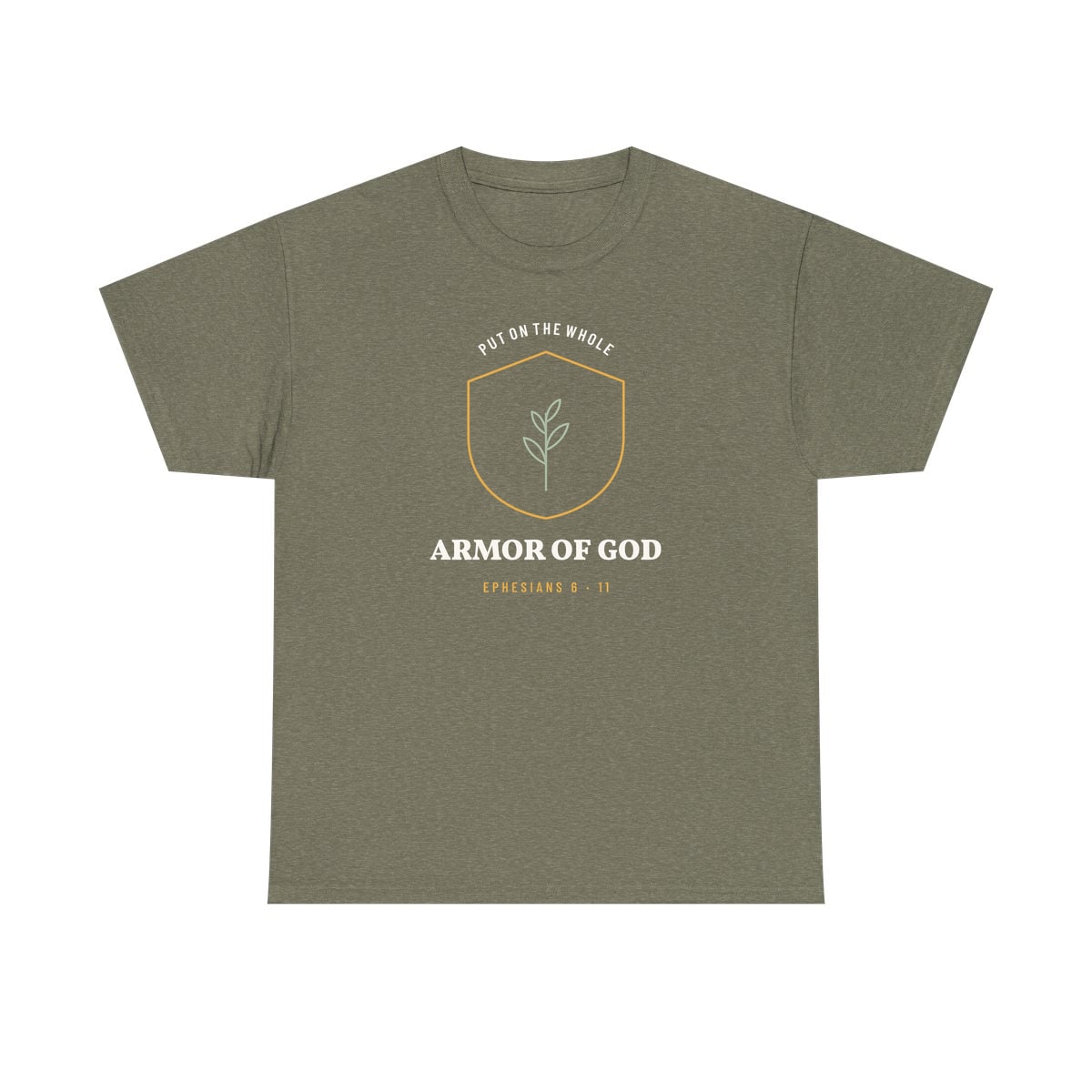 The Whole Armor Crest, printed on a heavy cotton tee in Heather Military Green