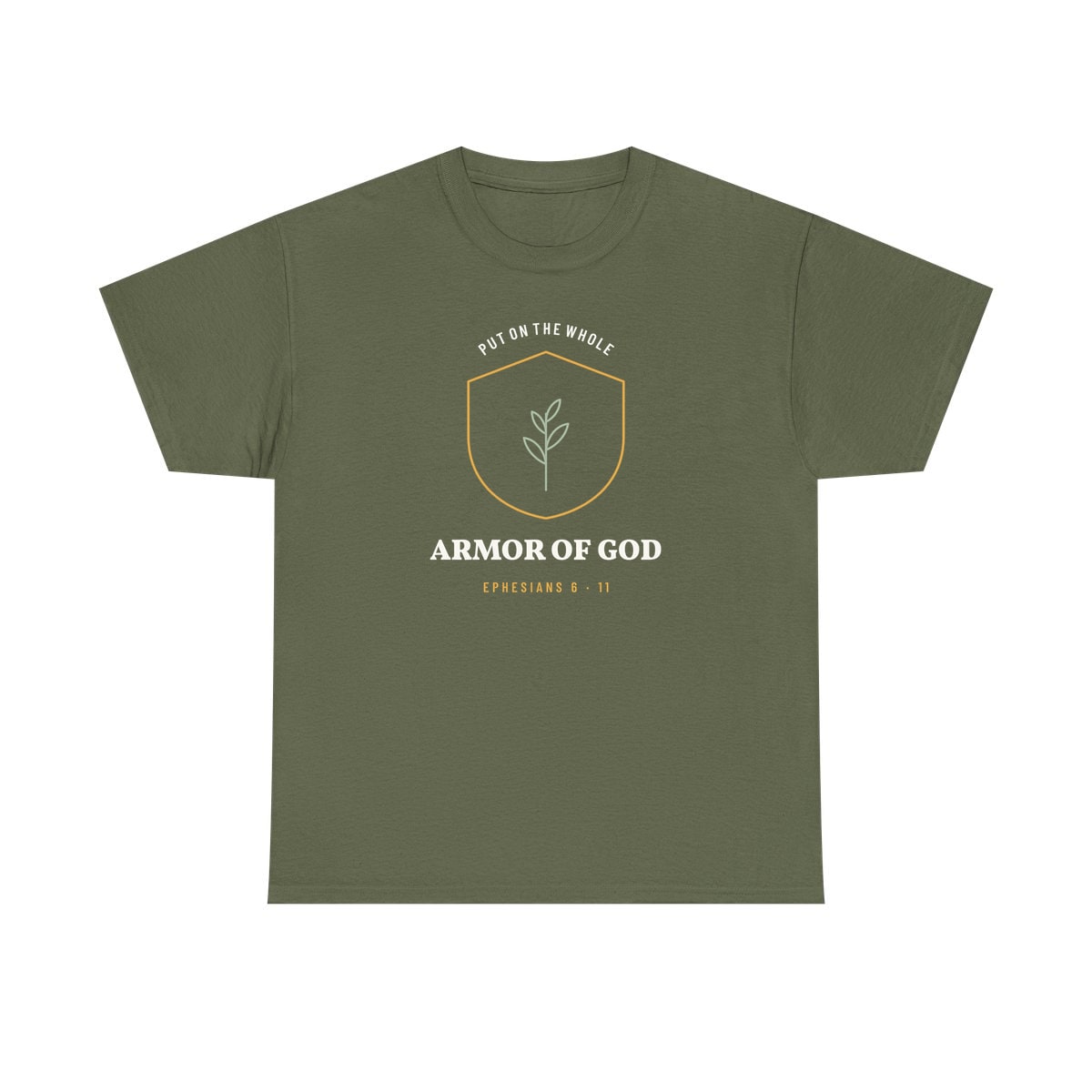 The Whole Armor Crest, printed on a heavy cotton tee in Military Green