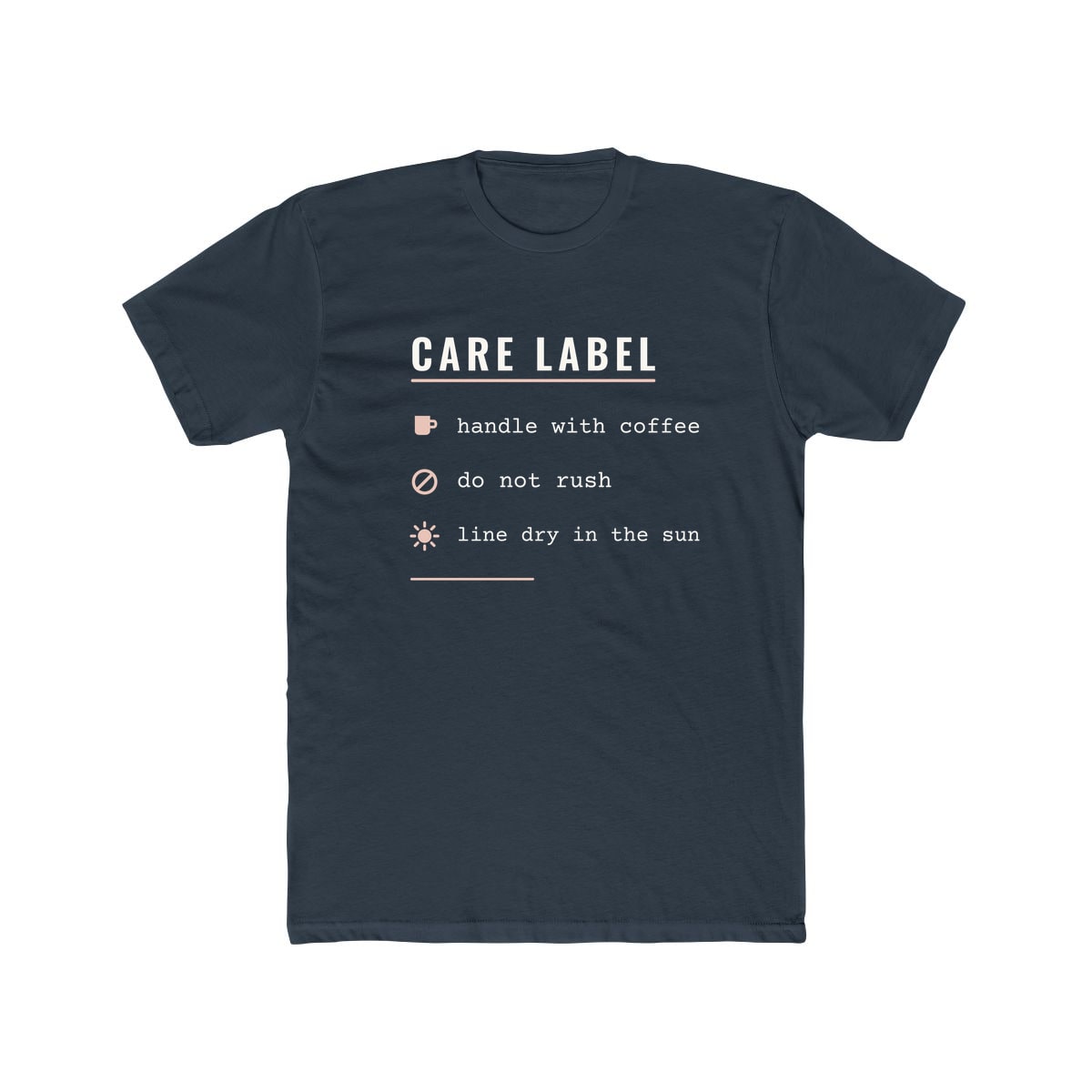 Care Label, printed on a cotton crew tee in Solid Indigo