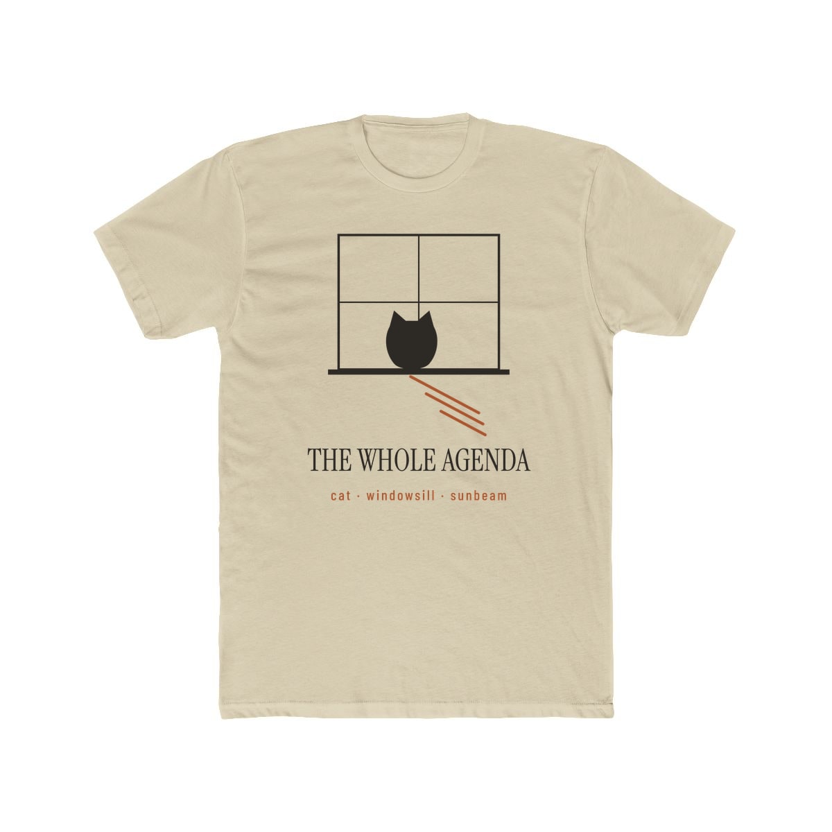 Cat, Windowsill, Sunbeam, printed on a cotton crew tee in Solid Cream