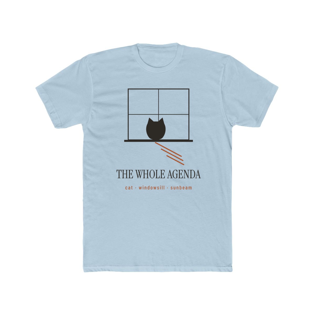 Cat, Windowsill, Sunbeam, printed on a cotton crew tee in Solid Light Blue