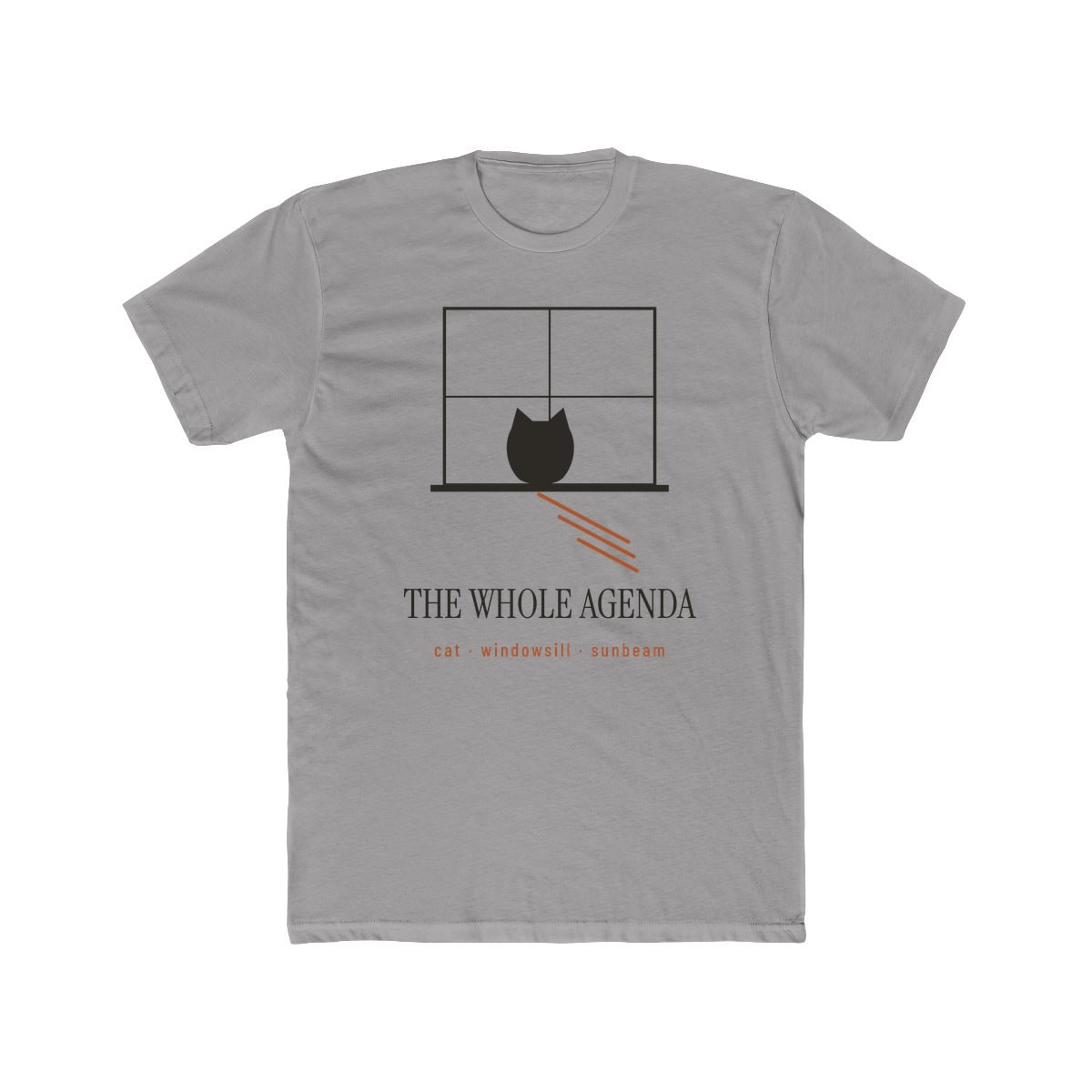 Cat, Windowsill, Sunbeam, printed on a cotton crew tee in Solid Light Grey