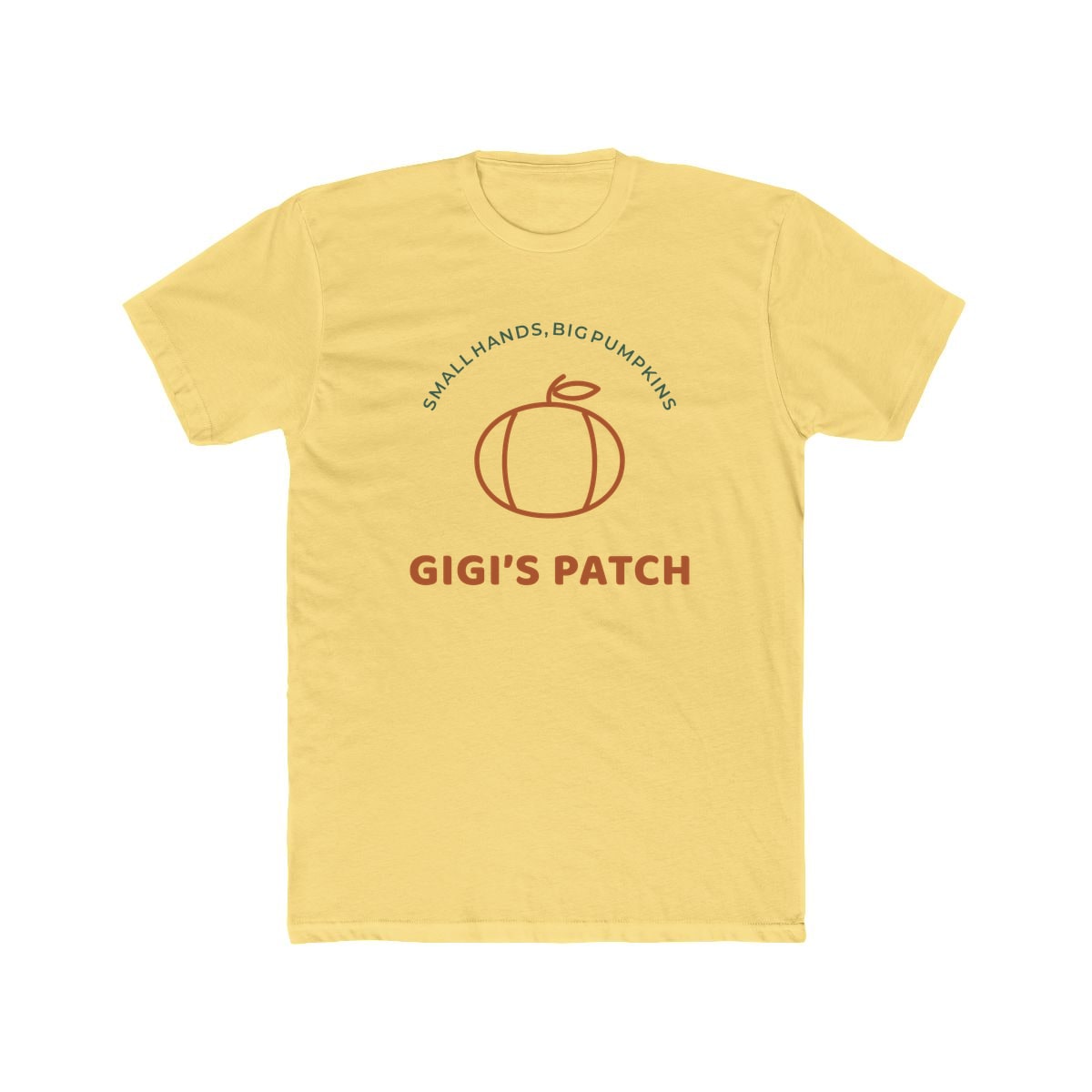 Gigi’s Pumpkin Patch, printed on a cotton crew tee in Solid Banana Cream