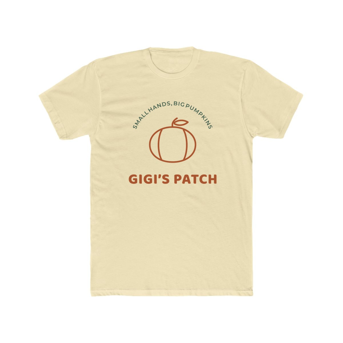 Gigi’s Pumpkin Patch, printed on a cotton crew tee in Solid Natural