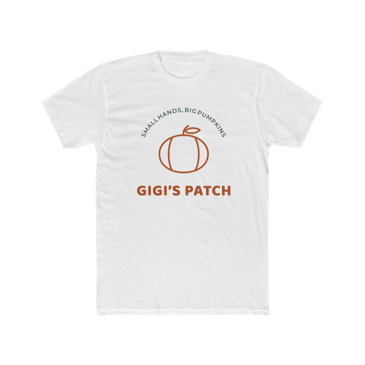 Gigi’s Pumpkin Patch, printed on a cotton crew tee in Solid White