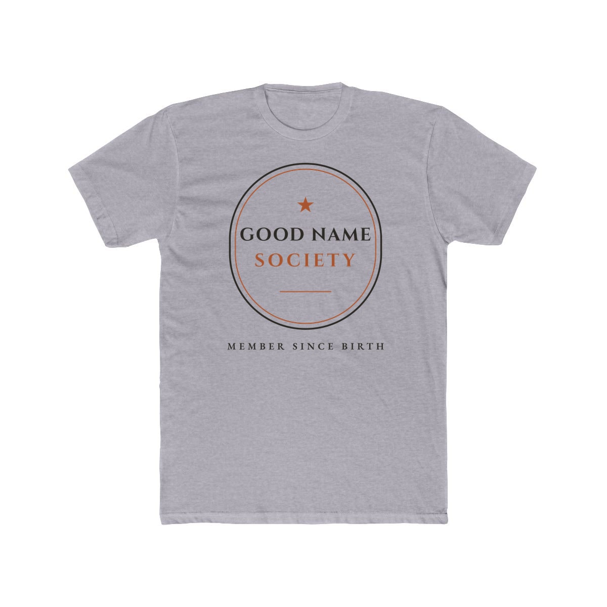 Good Name Society, printed on a cotton crew tee in Heather Grey