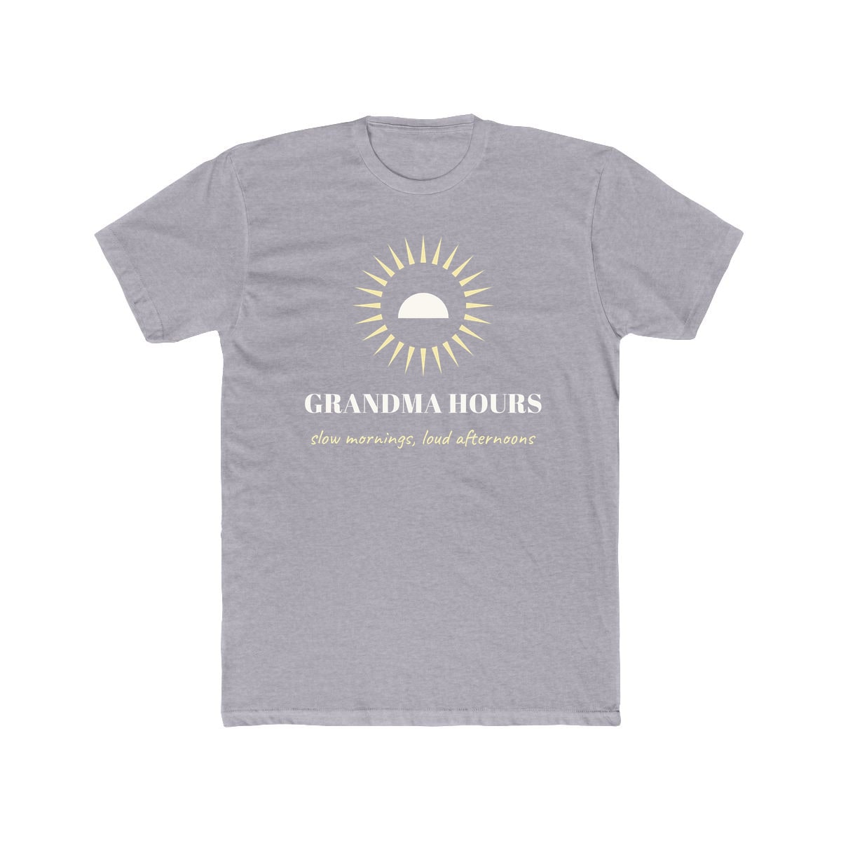 Grandma Hours, printed on a cotton crew tee in Heather Grey