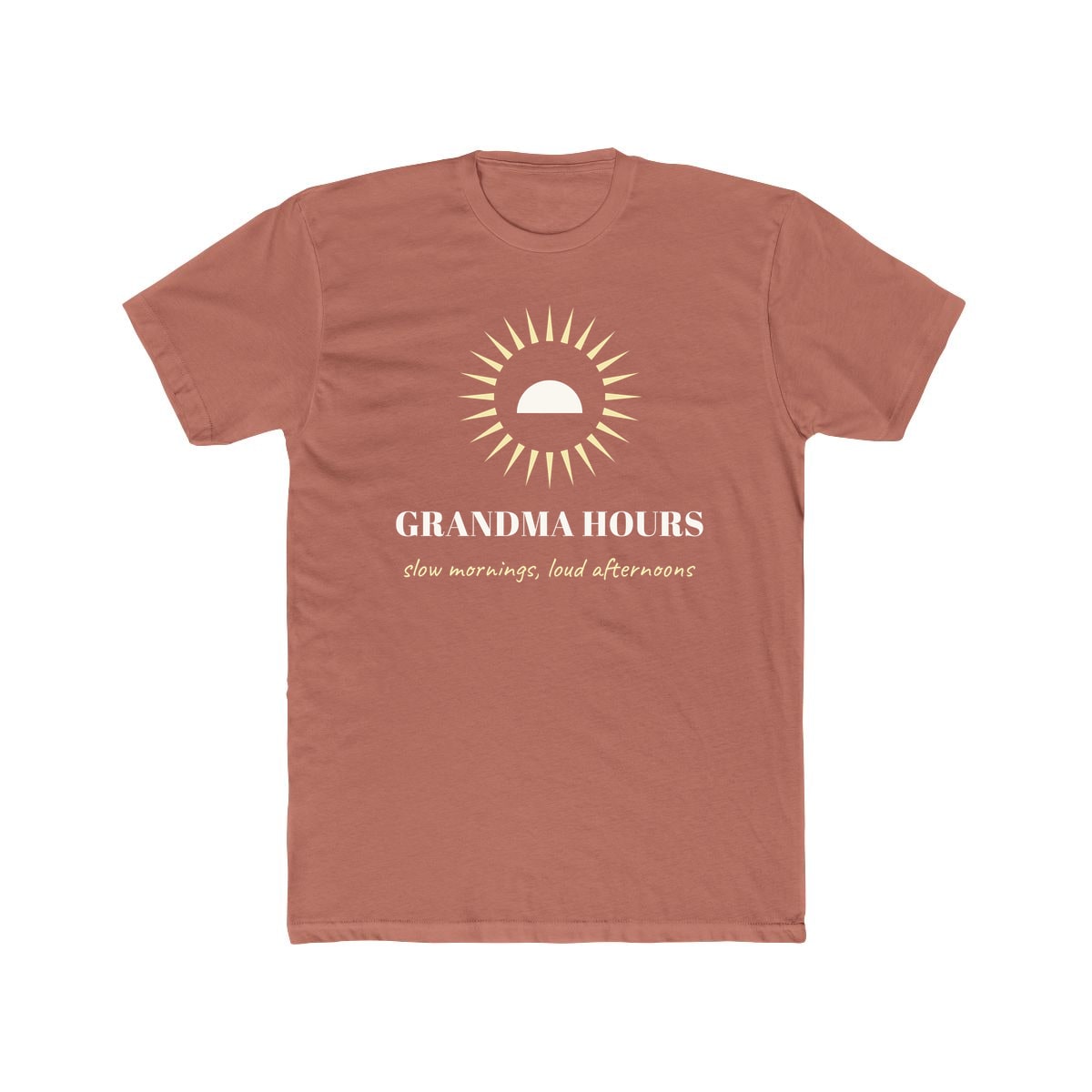 Grandma Hours, printed on a cotton crew tee in Solid Desert Pink