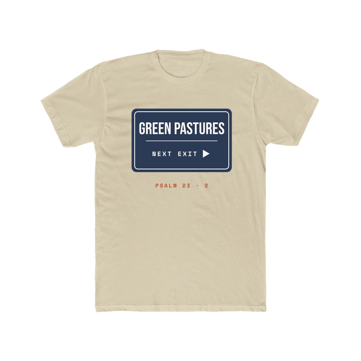 Green Pastures, Next Exit, printed on a cotton crew tee in Solid Cream