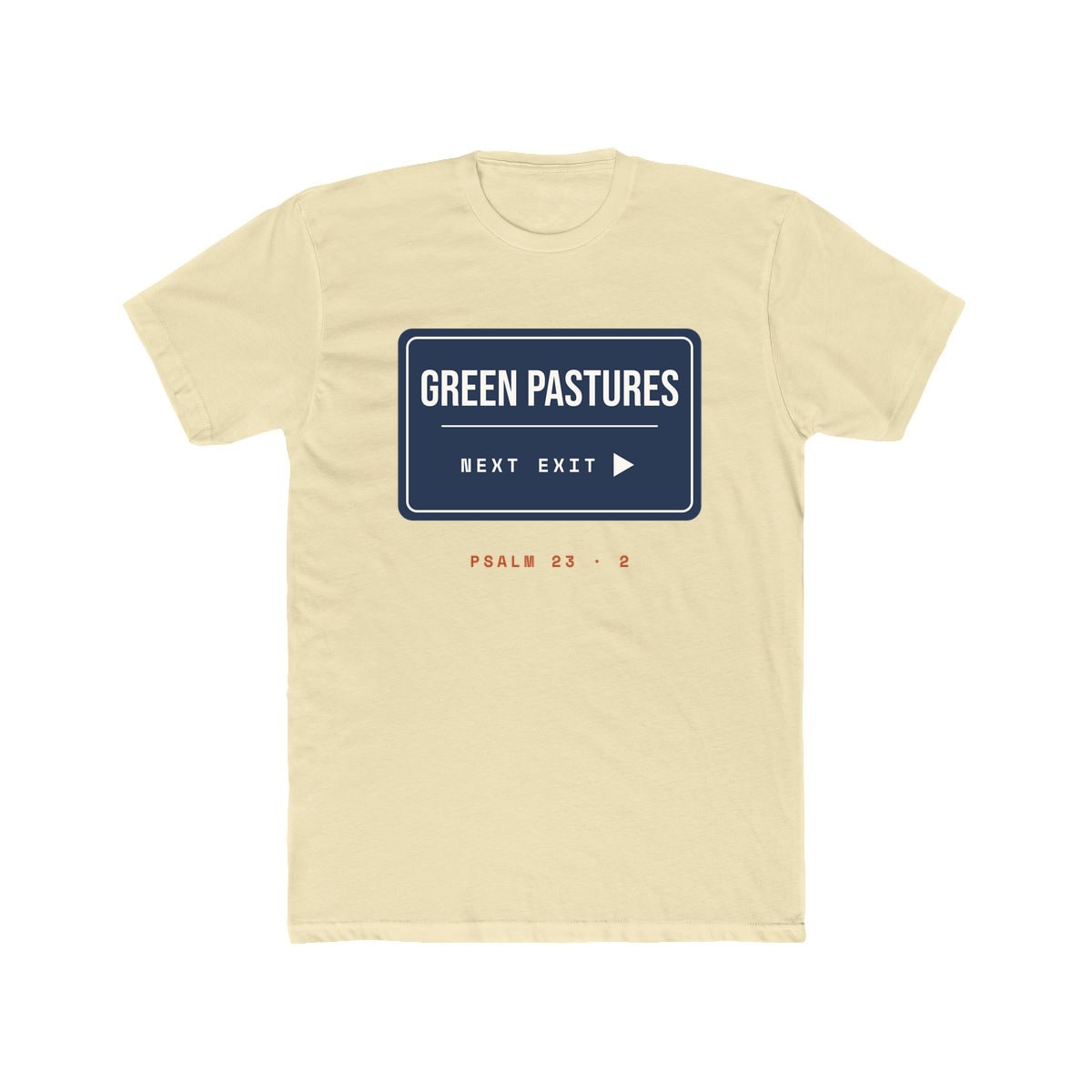 Green Pastures, Next Exit, printed on a cotton crew tee in Solid Natural