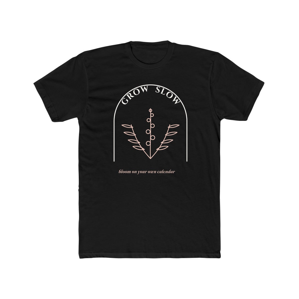 Grow Slow Arch, printed on a cotton crew tee in Solid Black