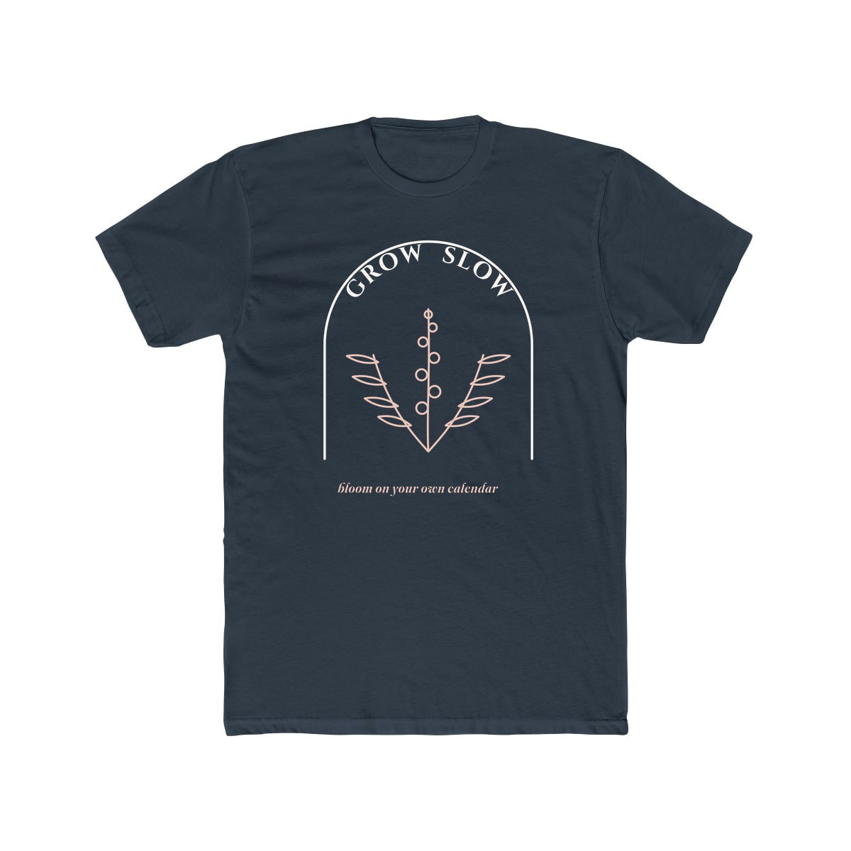 Grow Slow Arch, printed on a cotton crew tee in Solid Indigo