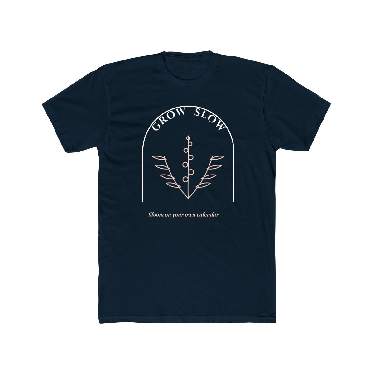 Grow Slow Arch, printed on a cotton crew tee in Solid Midnight Navy