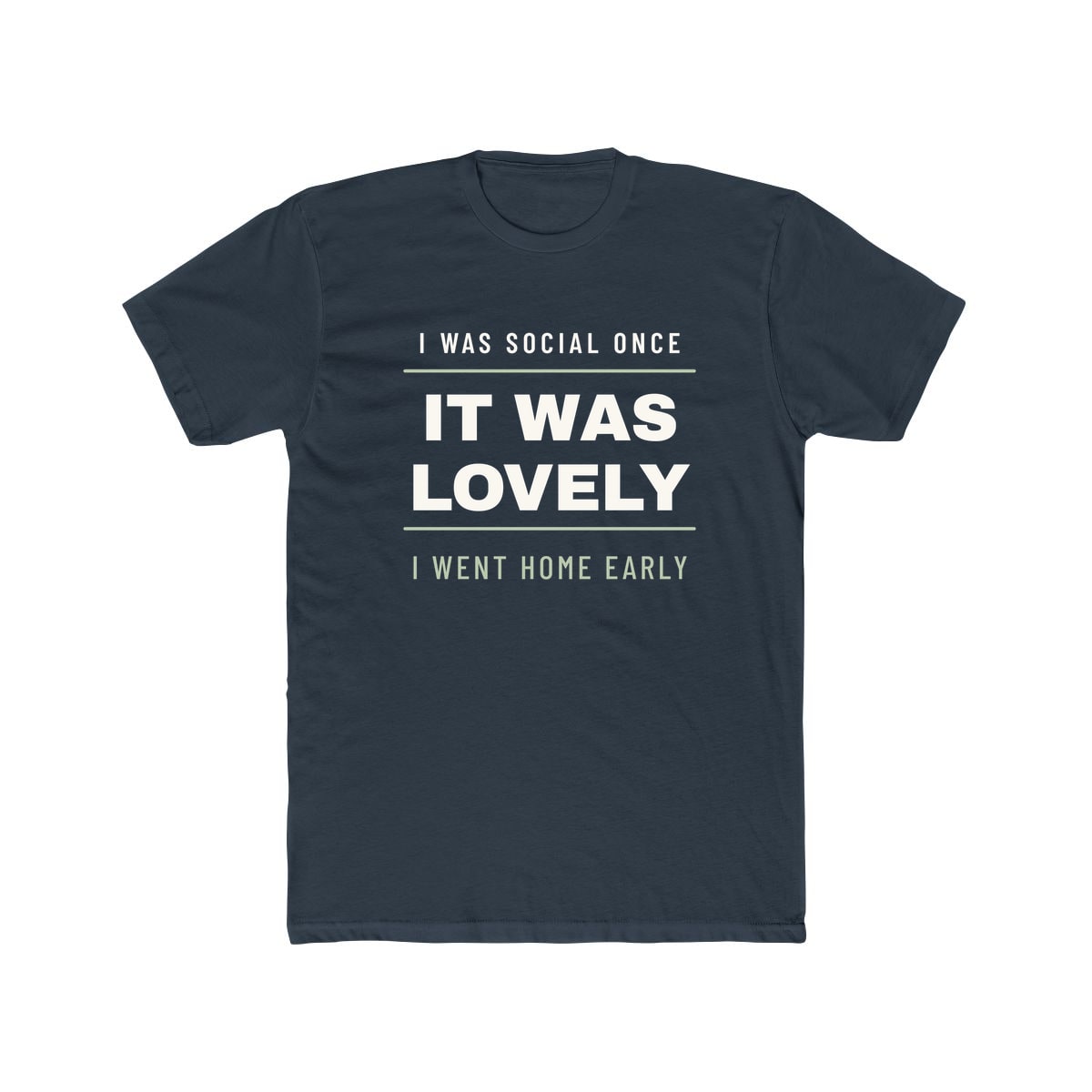 I Was Social Once, printed on a cotton crew tee in Solid Indigo