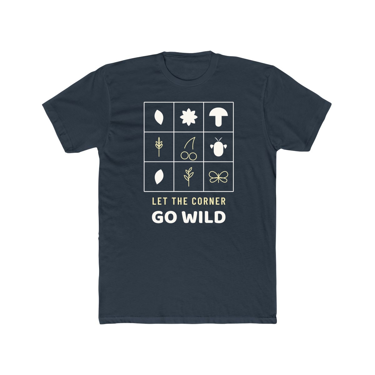 Let The Corner Go Wild, printed on a cotton crew tee in Solid Indigo