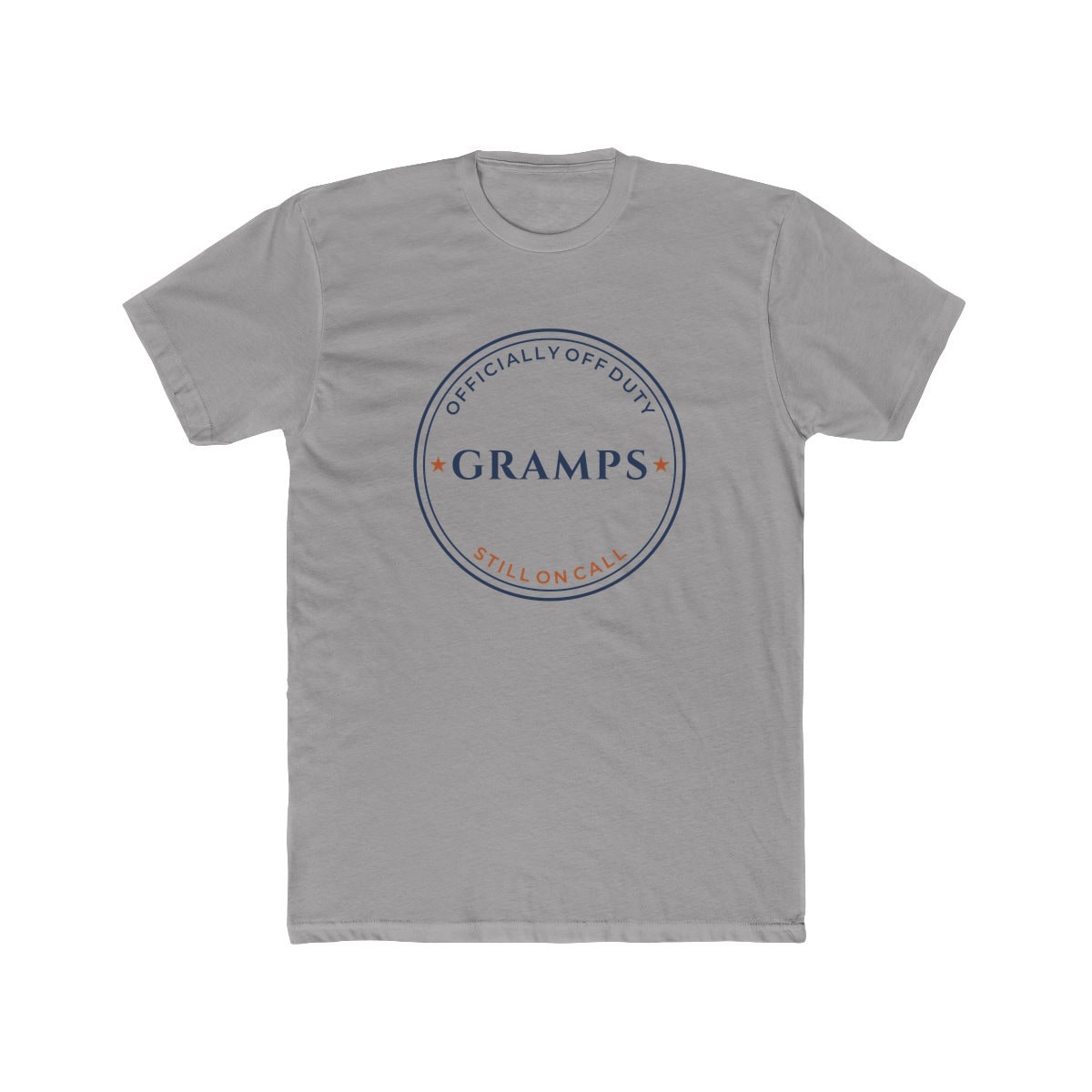 Off Duty, Still On Call, printed on a cotton crew tee in Solid Light Grey