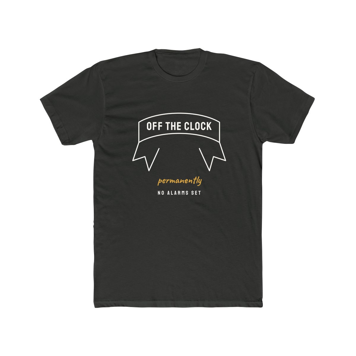 Off The Clock, printed on a cotton crew tee in Solid Heavy Metal