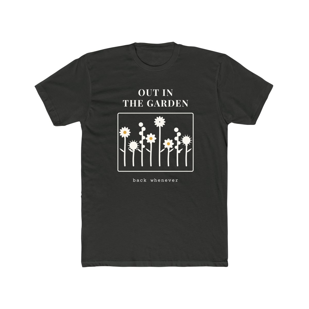 Out In The Garden, printed on a cotton crew tee in Solid Heavy Metal