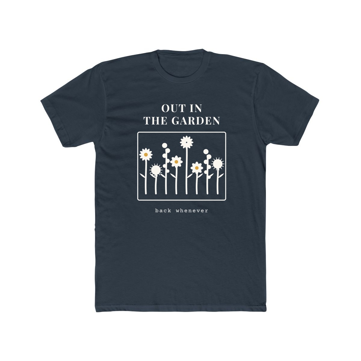 Out In The Garden, printed on a cotton crew tee in Solid Indigo