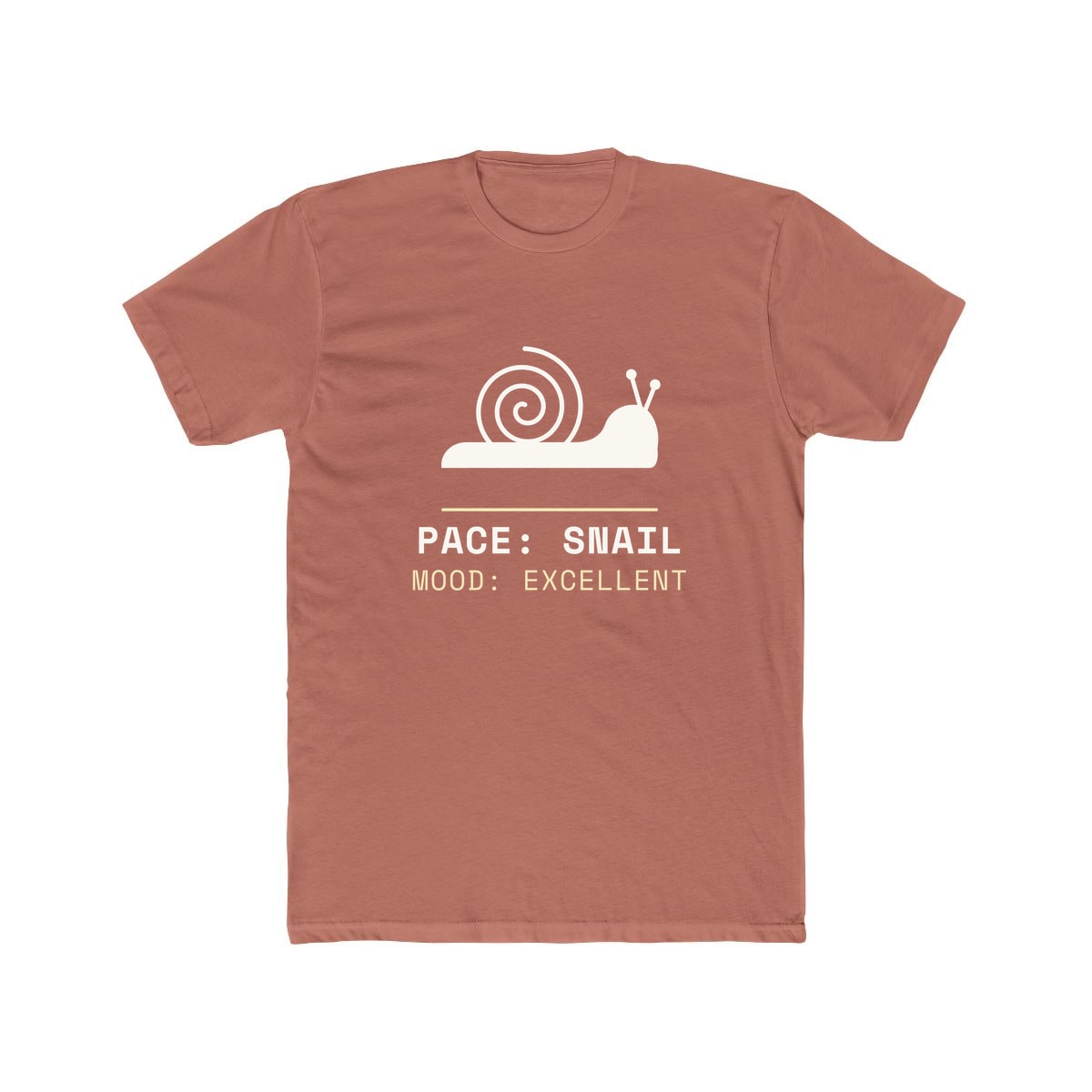 Pace: Snail, printed on a cotton crew tee in Solid Desert Pink