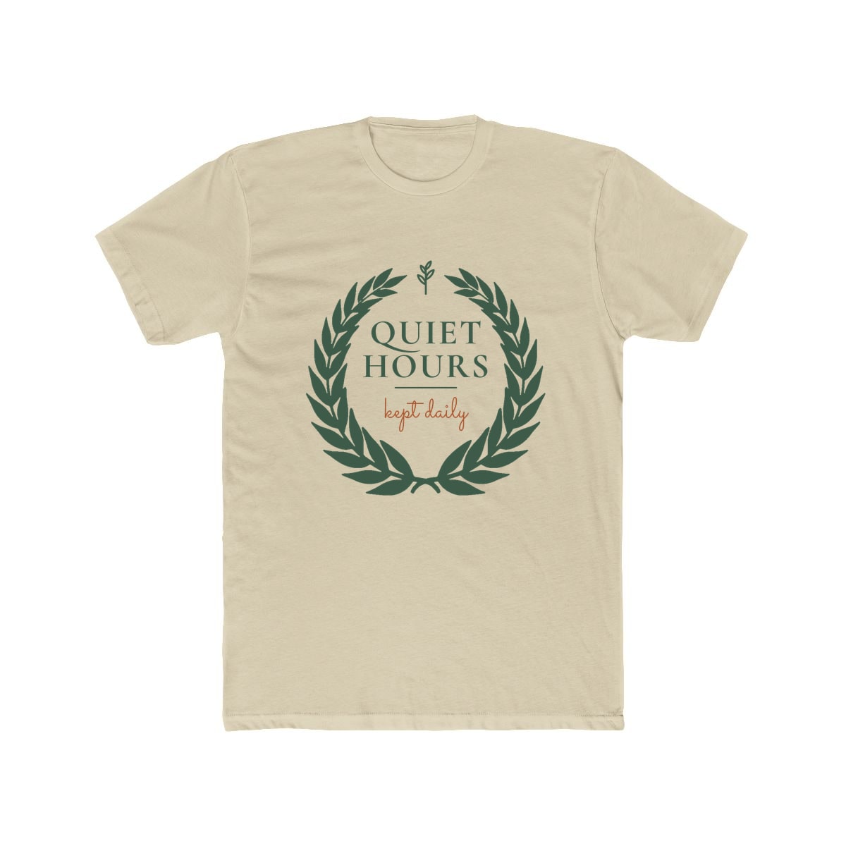 Quiet Hours, Kept Daily, printed on a cotton crew tee in Solid Cream